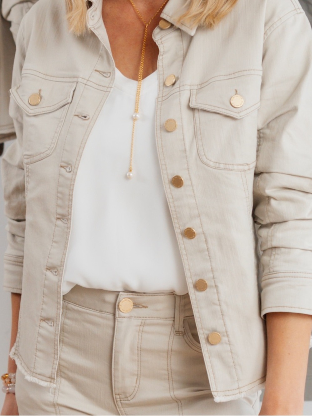 Mac & Me Beige Denim Utility Jacket Raw Hem Small